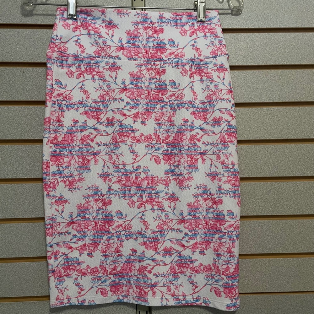 Lularoe Pencil Skirt XS White Floral Pink Blue Print Knee Length Stretch girly